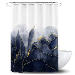 De-Mediocre Navy Blue Marble Shower Curtain Stylish Ombre Dark Blue and Gold Marble Leaves Bathroom Curtains Abstract White Golden Fabric Waterproof Polyester 72 x 72 Inch