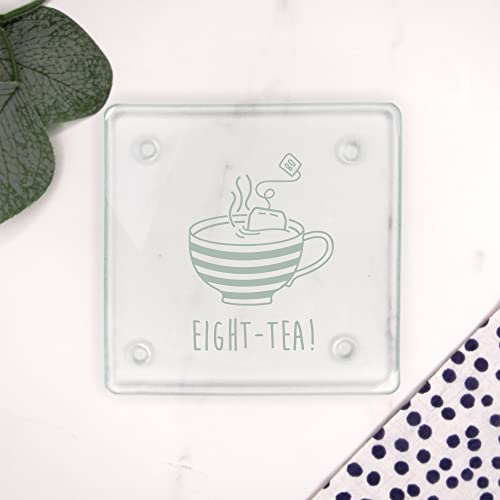 "Engraved Square Glass Coaster -""EIGHT-TEA"" Design - 80th Milestone Birthday Gifts for Men, Him - Eightieth Gift for Friend, Grandad, Dad, Husband - Drinks Mat"