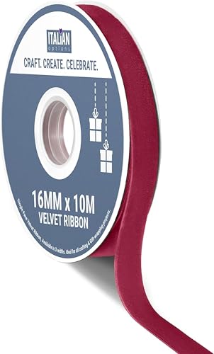 Italian Options Velvet Ribbon, Luxury, Single-Face Velvet Ribbon for Crafting, Christmas, Bows, Hair, Cakes, Weddings, Ornaments, Gift Wrapping, Flowers, 16mm x 10 Metre Roll, Burgundy