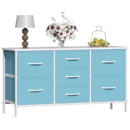 GoaHi Chest of Drawers, Small Dressers with Metal Frame and MDF Wooden Top Board, Adjustable Feet, Anti-Tip Safety, Storage Unit with 7 Drawers for Bedroom, Living Room, Closet, Office Blue