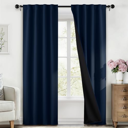 SimpleHome 100% Blackout 84 Inch Navy Blue Curtains for Living Room - Curtains for Bedroom,Rod Pocket and Back Tab Window Drapes,Room Darkening Curtains with Black Back,40 x 84 Inch,2 Panels