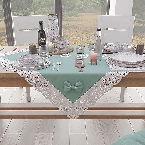 PETTI Artigiani Italiani - Square table topper, cotton with Sangallo lace trim and bows, 95 x 95 cm, Aqua