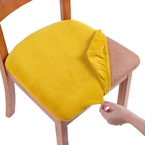 Smiry Original Velvet Dining Chair Seat Covers, Stretch Fitted Dining Room Upholstered Chair Seat Cushion Cover, Removable Washable Furniture Protector Slipcovers with Ties - Set of 4, Mustard Yellow