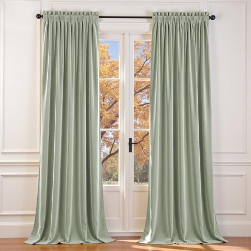 Lazzzy Velvet Green Curtains Blackout Thermal Insulated Curtains 108 Inch Length Extra Long Window Drapes for Bedroom Living Room Super Soft Luxury Rod Pocket Window Treatment 2 Panels, Grey Sage