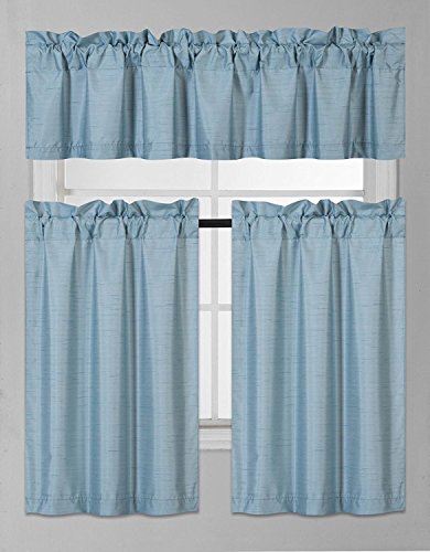Fancy Collection 3 Pieces Faux Silk Blackout Kitchen Curtain Set Tier Curtains and Valance Set Solid Teal Window Set Thermal Backing Drapes Assorted Colors New