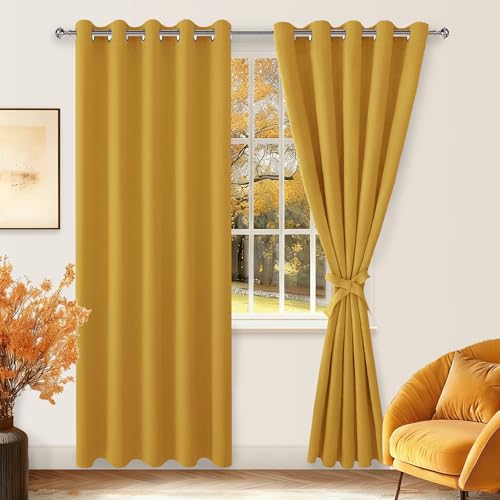 Hiasan Blackout Curtains for Bedroom, 60 x 84 Inches Long - Thermal Insulated & Light Blocking Window Curtains for Living Room/Kids Room, 2 Drape Panels Sewn with Tiebacks, Mustard Yellow