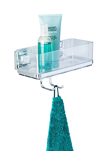 WENKO 22694100 Vacuum-Loc?? wall shelf with hooks Quadro, Stainless steel, 25.5 x 15 x 14 cm, Shiny