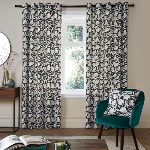 "Fusion - Charcoal Black Floral Curtains W46 x L72"" (117 x 183cm) - 2x Panels - 100% Cotton - Matching Cushion Available - Vintage Drapes - Flower Eyelet Curtains - Soundproof Curtains for Bedroom"