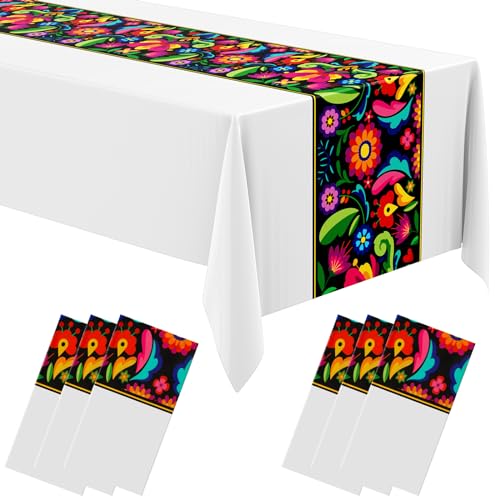 Oudain 6 Pcs Mexican Table Runners 108 x 54 Inch Colorful Disposable Fiesta Mexican Tablecloth Waterproof Plastic Striped Mexican Table Cover for Theme Party Wedding Birthday Decorations (White)