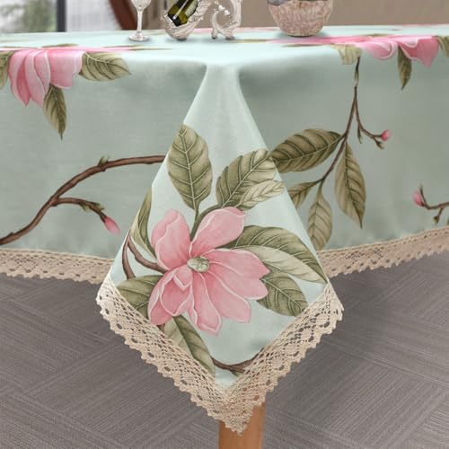 YEESSION Floral Print Square Tablecloth 38 x 38 Inch Stain Resistant and Waterproof Wine Table Cover for Kitchen Dining Indoor Outdoor Buffet Tabletop Decoration (Light Green & Pink)