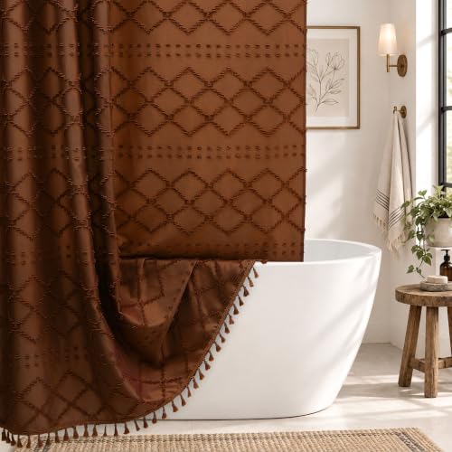 Siiluminisoy Extra Long Shower Curtains Burnt Orange 72 x 78 Inches Tufted Chevron Fabric for Bathroom Vintage Shabby Chic Waterproof Cloth Shower Curtain