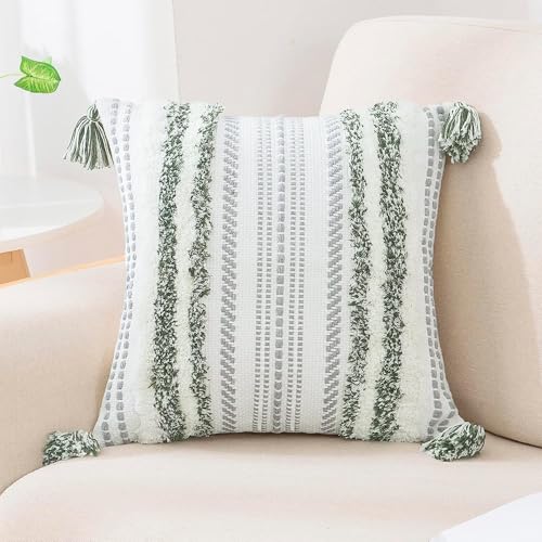 decorUhome Green and Cream White Throw Pillow Cover 20x20 Pack of 1 - Decorative Boho Accent Pillow Cover Neutral Modern Farmhouse Tufted Textured Pillow Cover for Couch Bed Sofa