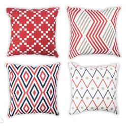 Penguin Home Set of 4 100% Slub Cotton Fabric Cushion Covers 45cm x 45cm Double Sided Square Pillow Covers with Invisible Zipper Pillow Cases for Living Room, Bedroom, Sofa (Red/Grey/Yellow)