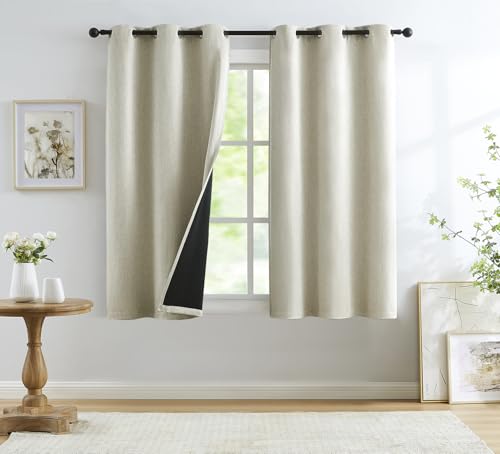 "Natural Beige Full Blackout Window Curtain Panels 63 inches Long Burlap Linen Textured, Short Thermal Insulated Burlap Linen Bedroom Drapes Thermal Insulated Winter Curtains 40""x63""x2"