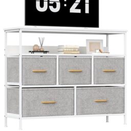 KU Syang 5-Drawer Chest of Drawers with TV Stand - Heavy-Duty Steel Frame & Scratch-Resistant MDF Top - Multi-Functional Storage Unit with Fabric Drawers for Bedroom & Living Room Hallway Light Grey