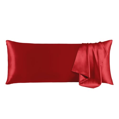 "THXSILK 100% Pure Mulberry Silk Pillowcase for Hair and Skin, Grade 6A+ Real Mulberry Silk Body Pillowcase with Zipper, Anti Aging Acne Free (Red, Body Size 20""x54"")"