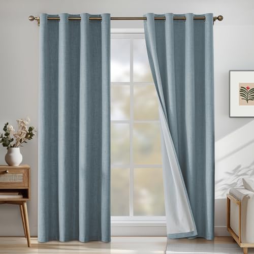 CYCMACO Linen 100% Blackout Curtains for Bedroom, Black Out Curtains 84 Inch Long, Room Darkening Curtains for Living Room, Long Curtain Grommets Drapes, Thermal Curtains(2 Panels, Light Blue)