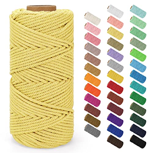 Macrame Cord 4mm x 109Yards (328Feet), Natural Cotton Macrame Rope - 4 Strands Twisted Macrame Cotton Cord for Wall Hanging, Plant Hangers, Crafts, Gift Wrapping and Wedding Decorations, Light Yellow