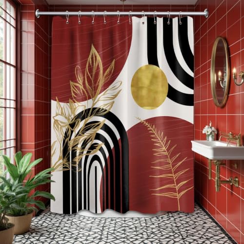 "QGHOT Black and Red Shower Curtain Boho Mid Century Burgundy Dark Red and Gold and White Shower Curtains for Bathroom Decor, Waterproof Cloth Fabric with Hooks, 60"" W x 72"" L"