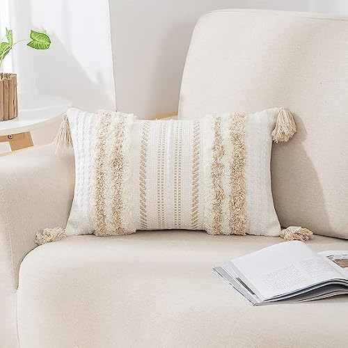decorUhome Khaki and Cream White Throw Pillow Cover 12x20 Pack of 1 - Decorative Boho Lumbar Accent Pillow Cover Neutral Modern Farmhouse Tufted Textured Pillow Cover for Couch Bed Sofa
