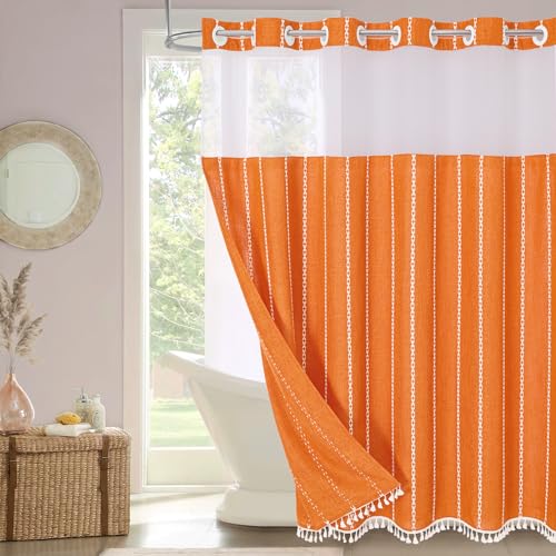No Hooks Needed Orange Shower Curtain with Snap-in Liner - with Window & Magnets, Boho Cotton Linen Fabric Shower Curtains with Tassels for Rustic Bathroom Decor, Burnt Orange, 72 x 74
