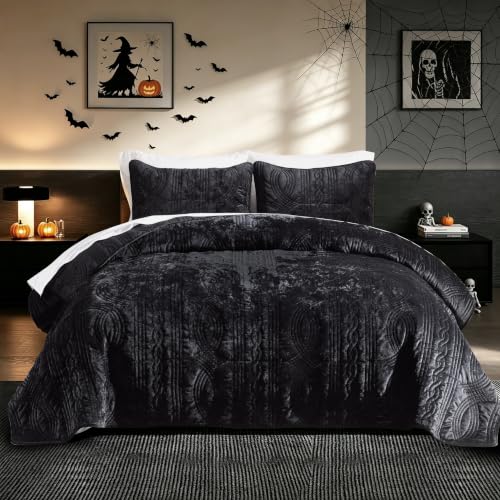 Homzard Velvet Quilt Set King Size, Black Velvet Comforter Set, Bedspread Coverlet Quilted Bedding Set, for All Season