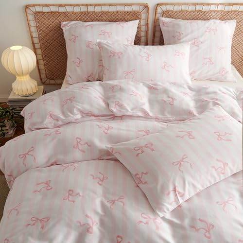 Bildenly Bow Duvet Cover Twin Size Pink Striped Bowknot Bedding Set Kids Girls Cute Bows Vertical Stripes Soft Breathable Microfiber Comforter Cover Set with Zipper Closure and 1 Pillowcase