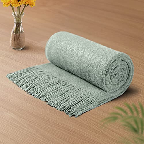 "Vonty Sage Green Knitted Blanket with Tassels Fringe 50"" x 60"", Super Soft Knit Throw Blanket, Farmhouse Decorative Lightweight Blanket for Couch, Sofa, Bed"