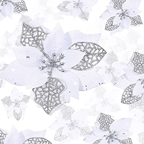 Geosar 72 Pieces 3/4/6 Inches Christmas Artificial Glitter Poinsettia Flowers Ornaments Xmas Flowers Wedding for Christmas Tree Ornaments(White)