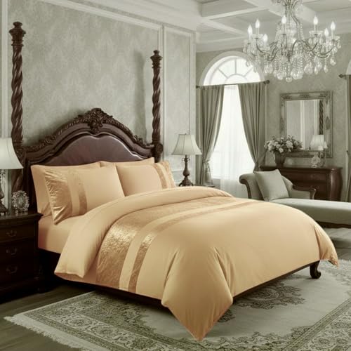 Casabella Luxury Crushed Velvet Panel Band Duvet Cover Sets with Pillow Case Double Bed Duvet Cover Bedding Set – Beige Crush Velvet Double Duvet Cover Sets