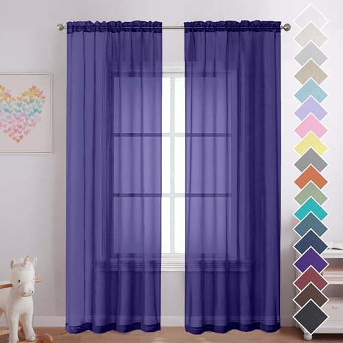 OVZME 2 Pieces Sheer Curtains 96 Length Window Treatments, Voile Drapes Light Airy Window Decor for Patio Door Living Room Bedroom, Each W42 X L96 inches, Purple