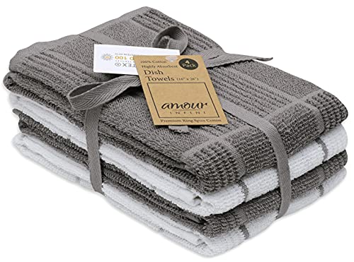 AMOUR INFINI Kitchen Towels Pack of 4 Absorbent, Quick Drying Premium Terry Cotton Dish Towel with Hanging Loop 16x28 Inch Hand & Tea Towels (L.Grey)