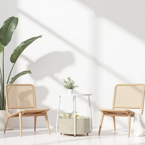 FurnitureR Small Round Coffee Table with Fabric Basket, Storage for Living Room, Bedroom, Bedside Table, Minimalist Style with White MDF, Metal Frame, 45 x 45 x 50.5 cm