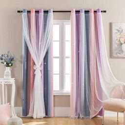 XiDi Dream Star Blackout Curtains for Kids Rooms Girl Princess Curtain for Daughter Bedroom Window (Grey Pink Purple, W52 X L63)