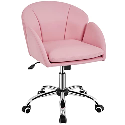Yaheetech Computer Chair Leather Desk Chair Cute Makeup Vanity Chair with Armrests for Home Modern Swivel Rolling Simple Pink