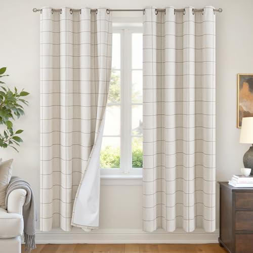 Lajode Plaid Linen Blackout Curtains for Living Room - Checkered Curtains with 72 Inch Long, Black Out Thermal Insulated Gingham Drapes with Striped Pattern for Bedroom 52x72 Inch 2 Panels, Brown