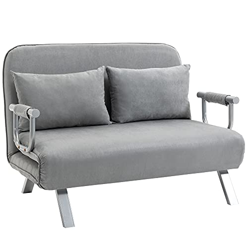HOMCOM 2 Seater Sofa Bed, Click Clack Convertible Bed Settee, Modern Faux Suede Upholstered Sofa with 2 Pillows for Living Room, Guest Room, Light Grey