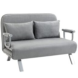 HOMCOM 2 Seater Sofa Bed, Click Clack Convertible Bed Settee, Modern Faux Suede Upholstered Sofa with 2 Pillows for Living Room, Guest Room, Light Grey