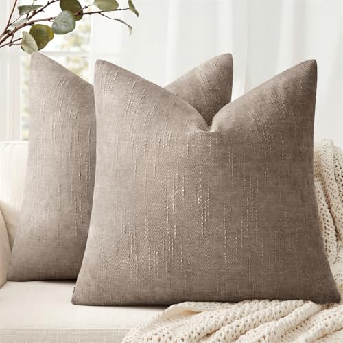 ANRODUO Decorative Textured Pillow Covers 20x20 Light Taupe Grey Pack of 2 - Soft Square Accent Solid Chenille Cushion Cover, Cozy Farmhouse Pillow Case for Couch Sofa Bed Living Room, Summer Decor