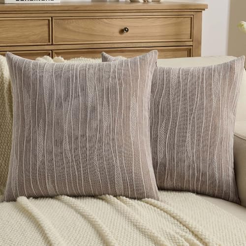 FUTEI Pack of 2 Chenille Throw Pillow Covers 20x20 Inch, Dyeing Brown - Double-Sided Elegant Line Textured Design,Side Hidden Zipper,Machine Washable,Pill-Resistant,Colorfast,Insert Not Included.