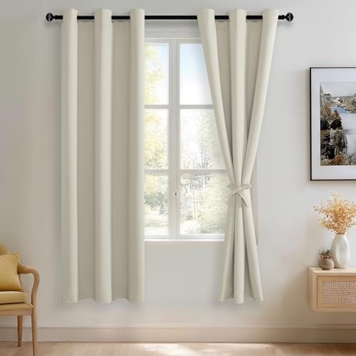 JIUZHEN Ivory Blackout Curtains with Tiebacks - Thermal Insulated, Light Blocking and Noise Reducing Grommet Curtains for Bedroom and Living Room, Set of 2 Window Curtain Panels, 42 x 72 Inch Length