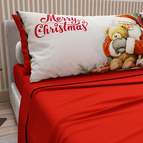 PETTI Italian Artisans - Cotton Sheets with Christmas Digital Print Pillowcases, Christmas Queen Size Sheets, Christmas Bed Set, Xmas 12 Red, 100% Made in Italy