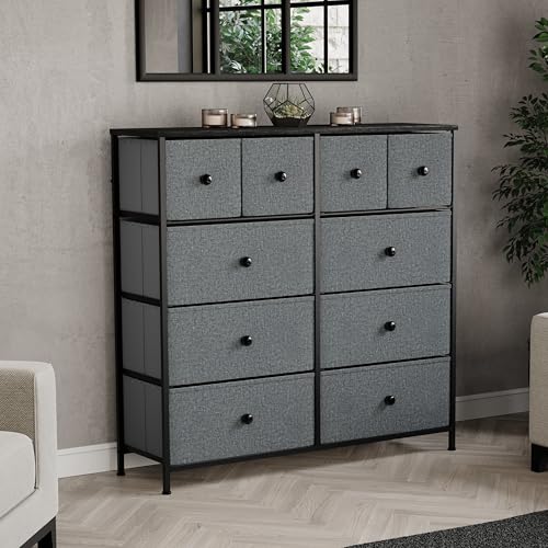 Vida Designs Chorley 10 Drawer Chest Of Drawers Fabric Storage Organizer Unit With Wood Top, Metal Frame & Handles - Ideal For Bedroom, Living Room, Nursery - Grey & Black