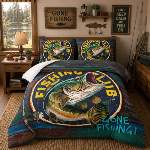 Nttopship Big Pike Fish Bedding, Bass Fishing Comforter Set Hunting and Fishing Brown Green Bedding Set Themed Comforter Set for Kids Boys Room Decor, Full Bed in a Bag for Teens with 2 Pillowcases