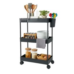 Relaxdays rolling cart, 3 tiers, serving trolley, kitchen cart, bathroom & office, HWD: 62.5x40x22 cm, craft cart, black
