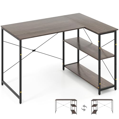 SFAREST L-Shaped Computer Desk, Small Corner Desk with 2-Tier Storage Shelves, Heavy-duty Metal Frame Workstation and Study Gaming Writing Table for Home Office Bedroom(Gray,118 x 86 x 74cm)