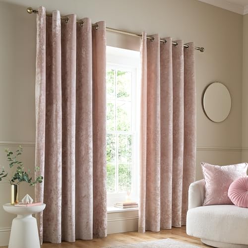 Catherine Lansfield Crushed Velvet 46x90 Inch Eyelet Curtains Blush Pink