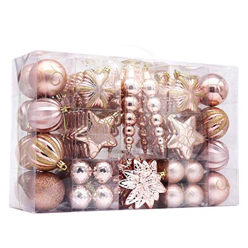 AUXO-FUN 73ct Assorted shatterproof Christmas Ornaments Luxury Collection Set in Reusable Hand-held Gift Package for Christmas Tree Decoration (Champagne)