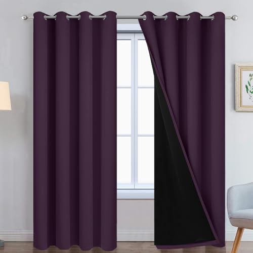 "Yakamok Purple 100% Blackout Curtains 84 Inches Long for Bedroom 52"" Wide - Blackout Curtain Panels for Bedroom, 2 Thick Layers Grommet Top Thermal Insulated Drapes with Black Liner for Living Room"