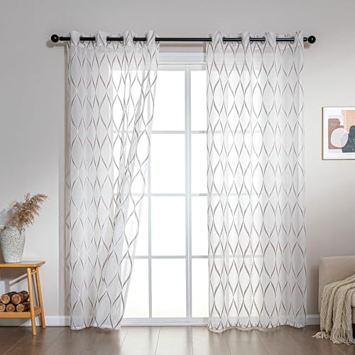 SLEEP ZONE Sheer Curtains for Living Room and Bedroom, Embroidered Sheer Curtains White Sheer Curtain 42 ?? 63 inch Length of 2 Panels, White Waves